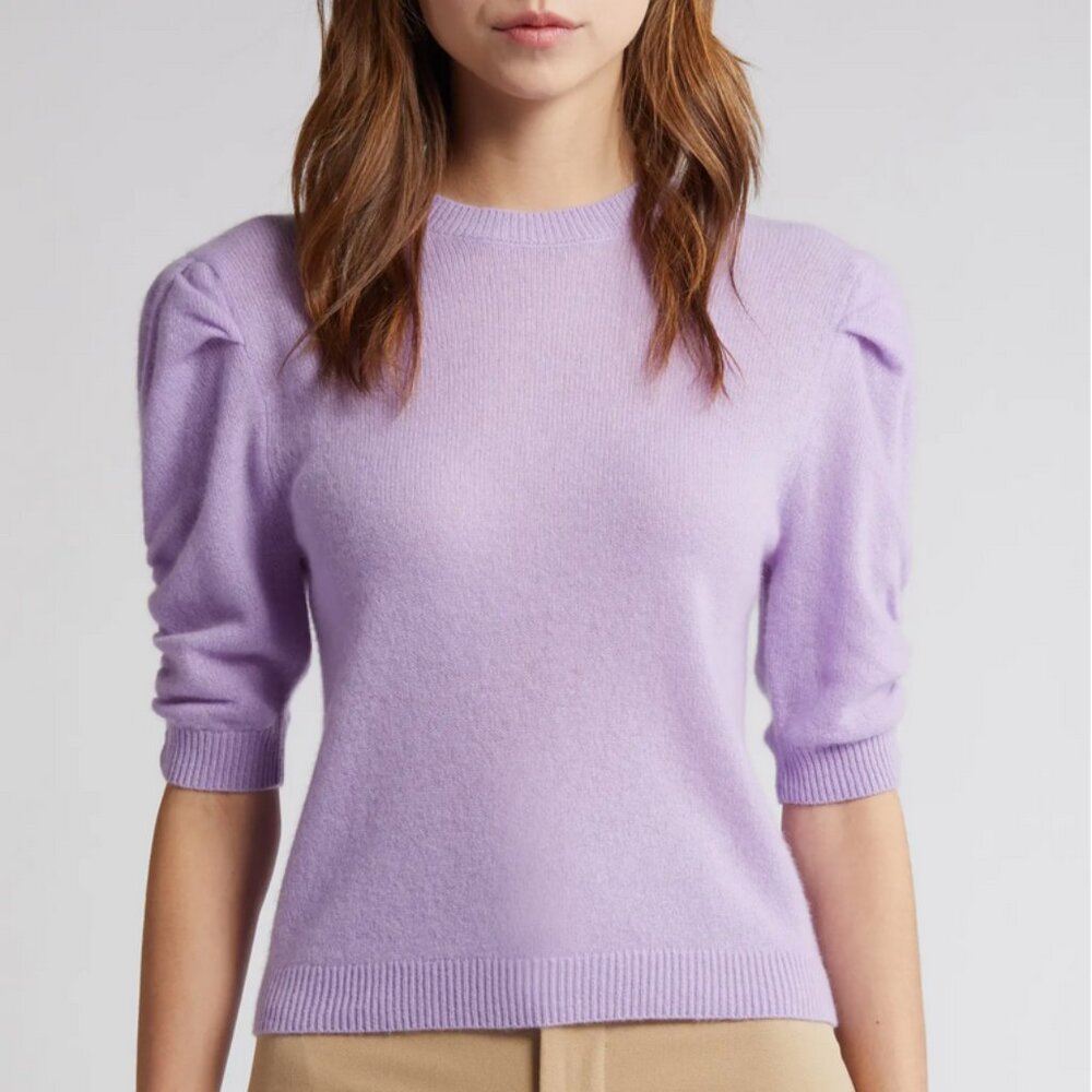 NWT FRAME Ruched Sleeve Recycled Cashmere & Wool Sweater, Lilac, Size Medium